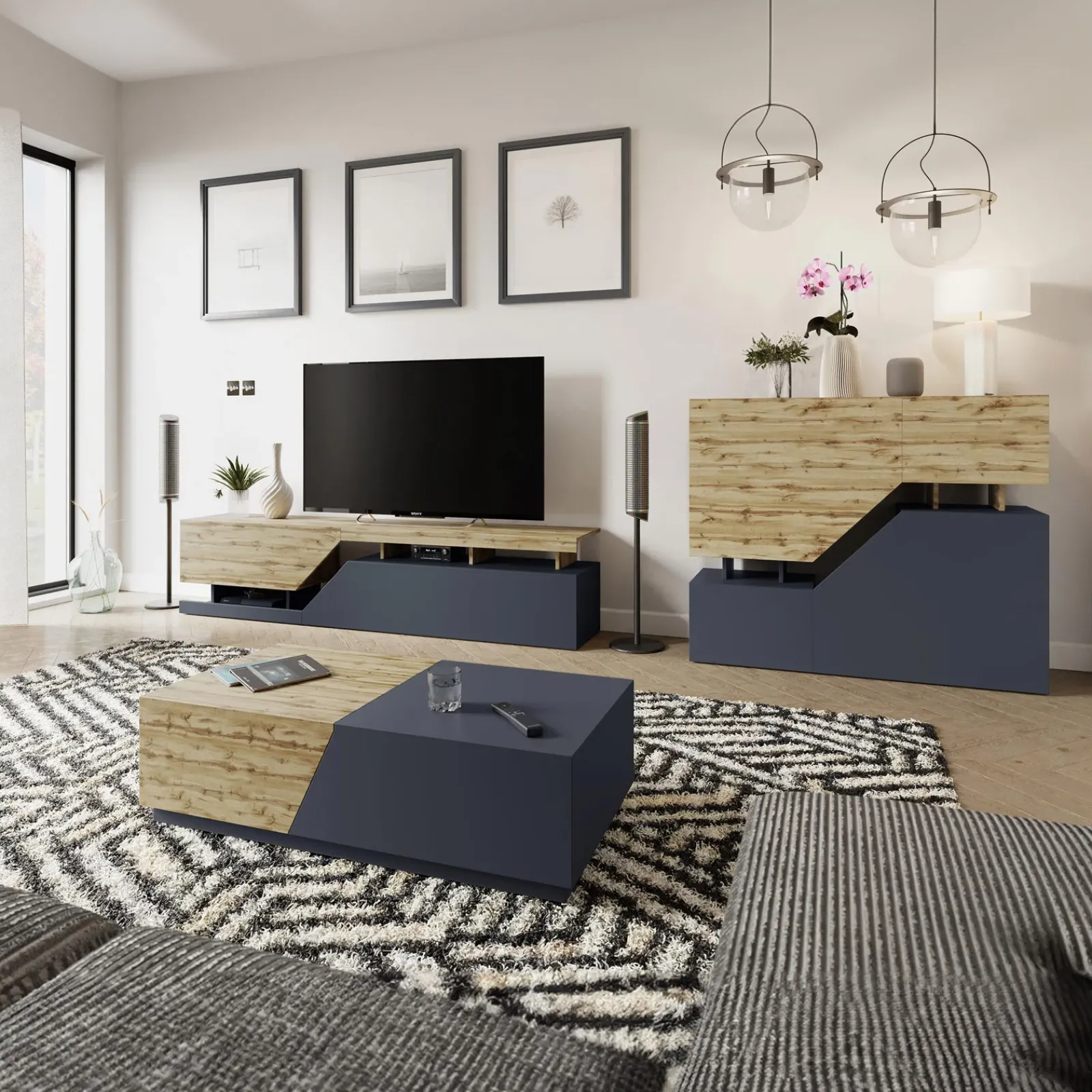 Garnero Arredamenti Mobile Tv Basso|Mobili Tv Moderni-Mobile porta TV 200x47h cm design moderno rovere antracite Modesta Antracite - Rovere