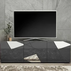 Garnero Arredamenti Mobile Tv Basso|Mobili Tv Moderni-Mobile porta TV 181x57h cm grigio lucido specchio con serigrafia Olimpo Antracite
