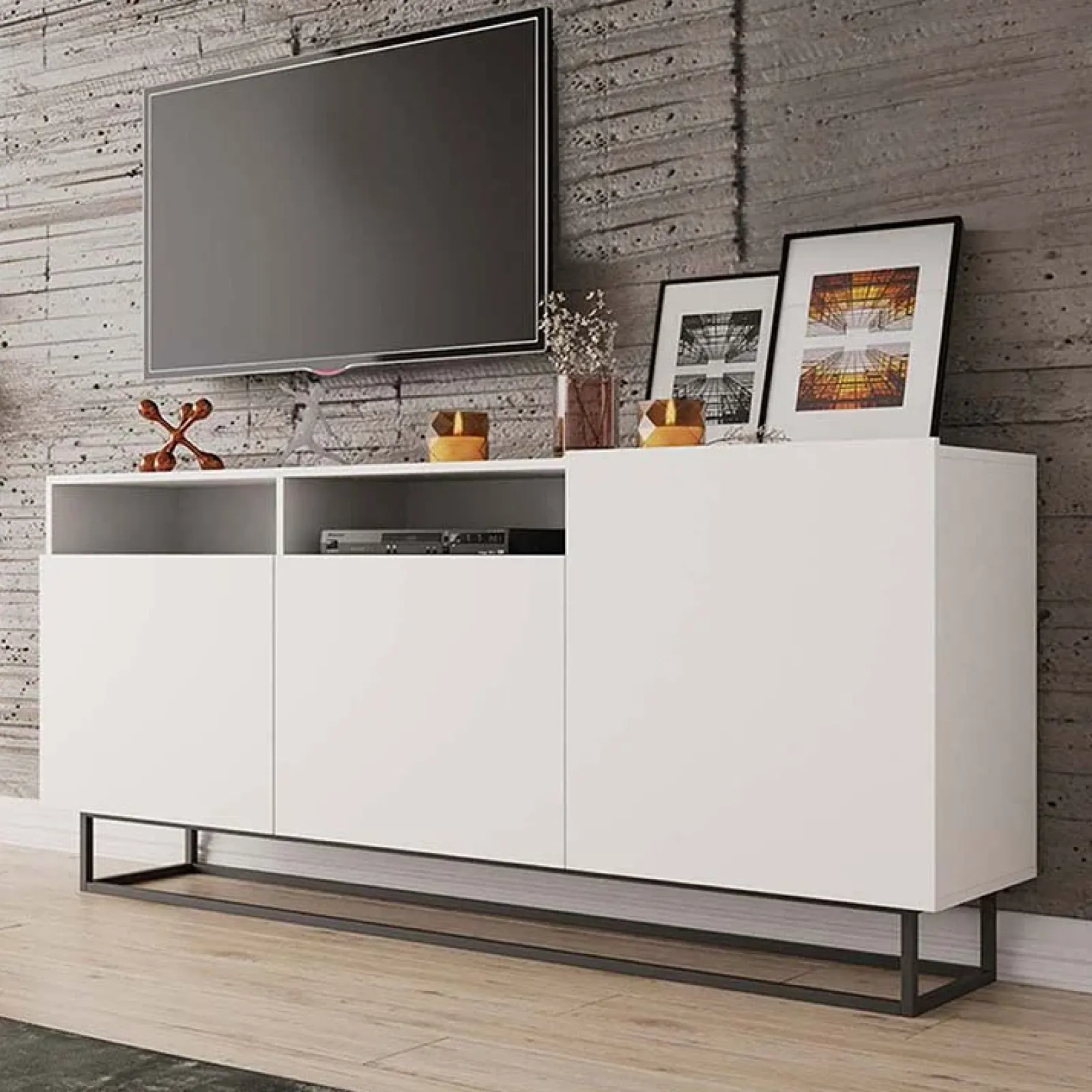 Garnero Arredamenti Mobile Tv Basso|Mobili Tv Moderni-Mobile porta TV 180x80h cm industrial metallo nero Erice Gihome® Bianco Opaco