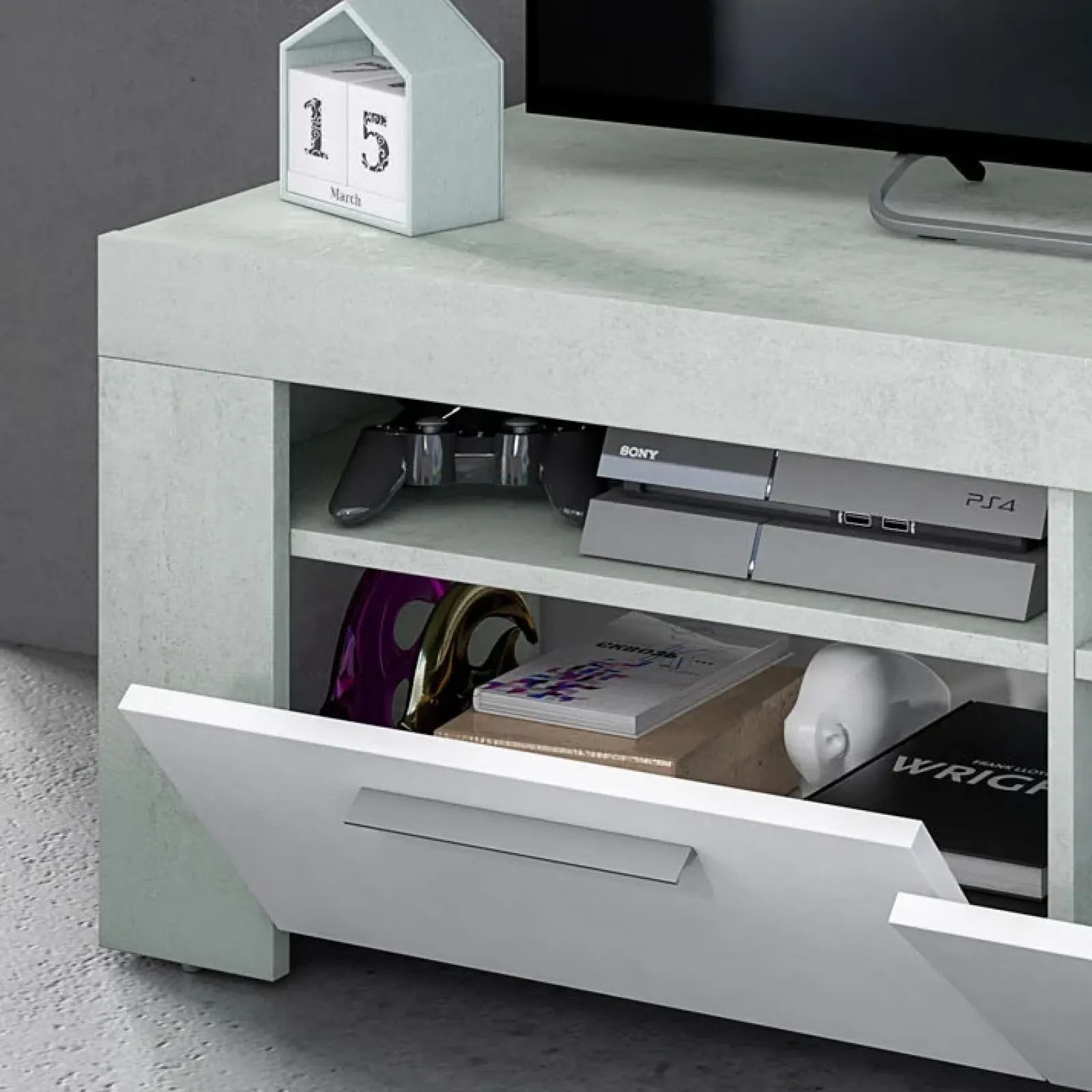 Garnero Arredamenti Mobile Tv Basso|Mobili Tv Moderni-Mobile porta TV 120x40h cm moderno bianco cemento Zante