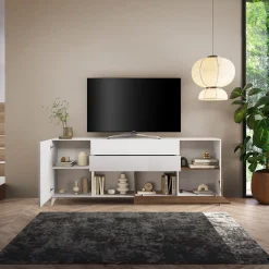 Garnero Arredamenti Credenze Moderne|Madie Moderne-Mobile porta tv 241x94h cm moderna bianco lucido rovere scuro Witty Noce - Bianco Lucido