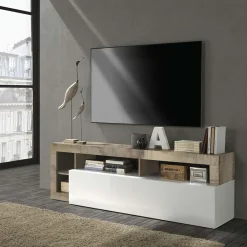 Garnero Arredamenti Mobile Tv Basso|Mobili Tv Moderni-Mobile porta tv 184x58h cm moderno bianco lucido pero Invictus Bianco Lucido - Rovere Rustico