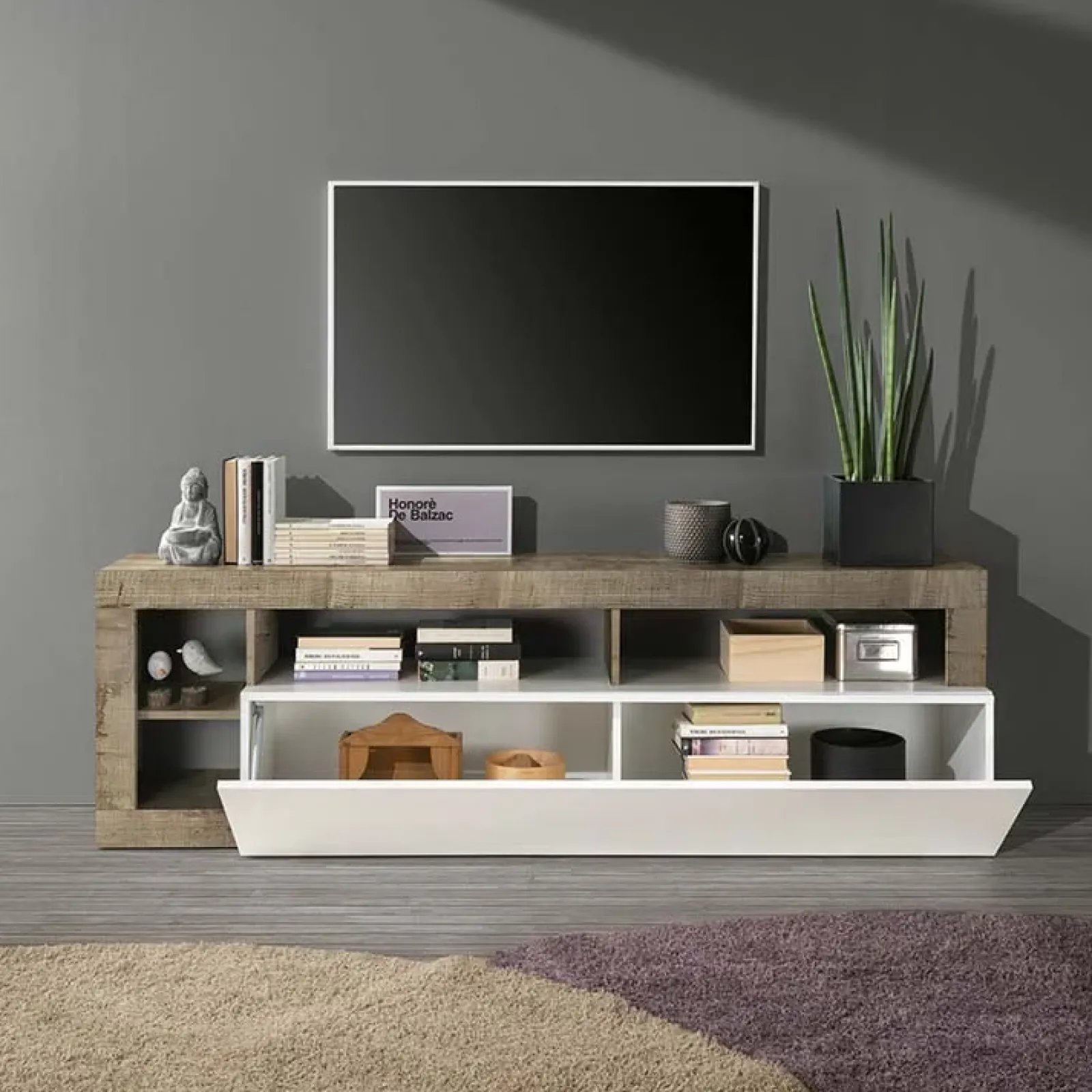 Garnero Arredamenti Mobile Tv Basso|Mobili Tv Moderni-Mobile porta tv 184x58h cm moderno bianco lucido pero Invictus Bianco Lucido - Rovere Rustico