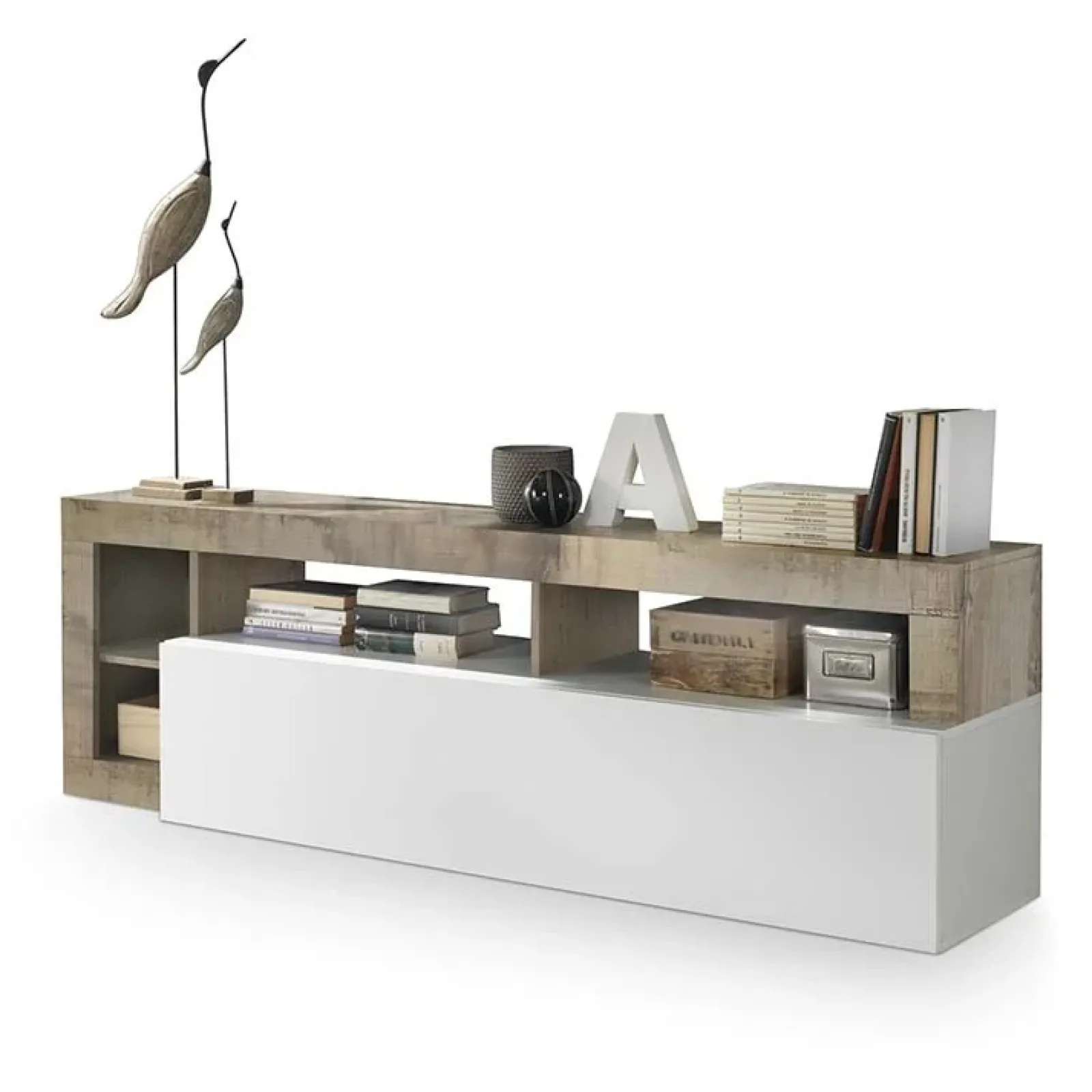 Garnero Arredamenti Mobile Tv Basso|Mobili Tv Moderni-Mobile porta tv 184x58h cm moderno bianco lucido pero Invictus Bianco Lucido - Rovere Rustico