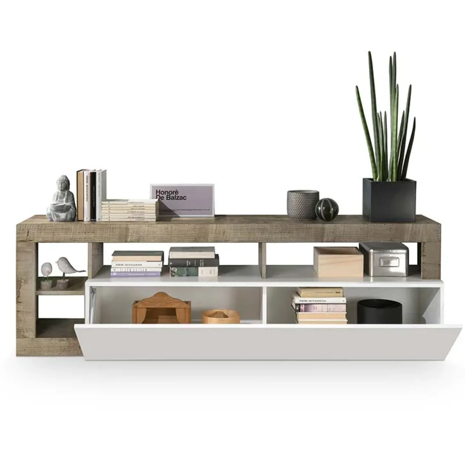 Garnero Arredamenti Mobile Tv Basso|Mobili Tv Moderni-Mobile porta tv 184x58h cm moderno bianco lucido pero Invictus Bianco Lucido - Rovere Rustico