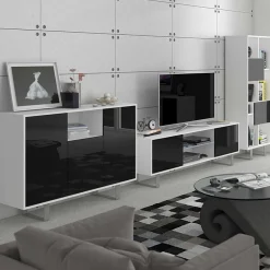 Garnero Arredamenti Mobile Tv Basso|Mobili Tv Moderni-Mobile porta TV 160x53h cm moderno bianco opaco nero lucido Kelli Bianco Opaco - Nero Lucido