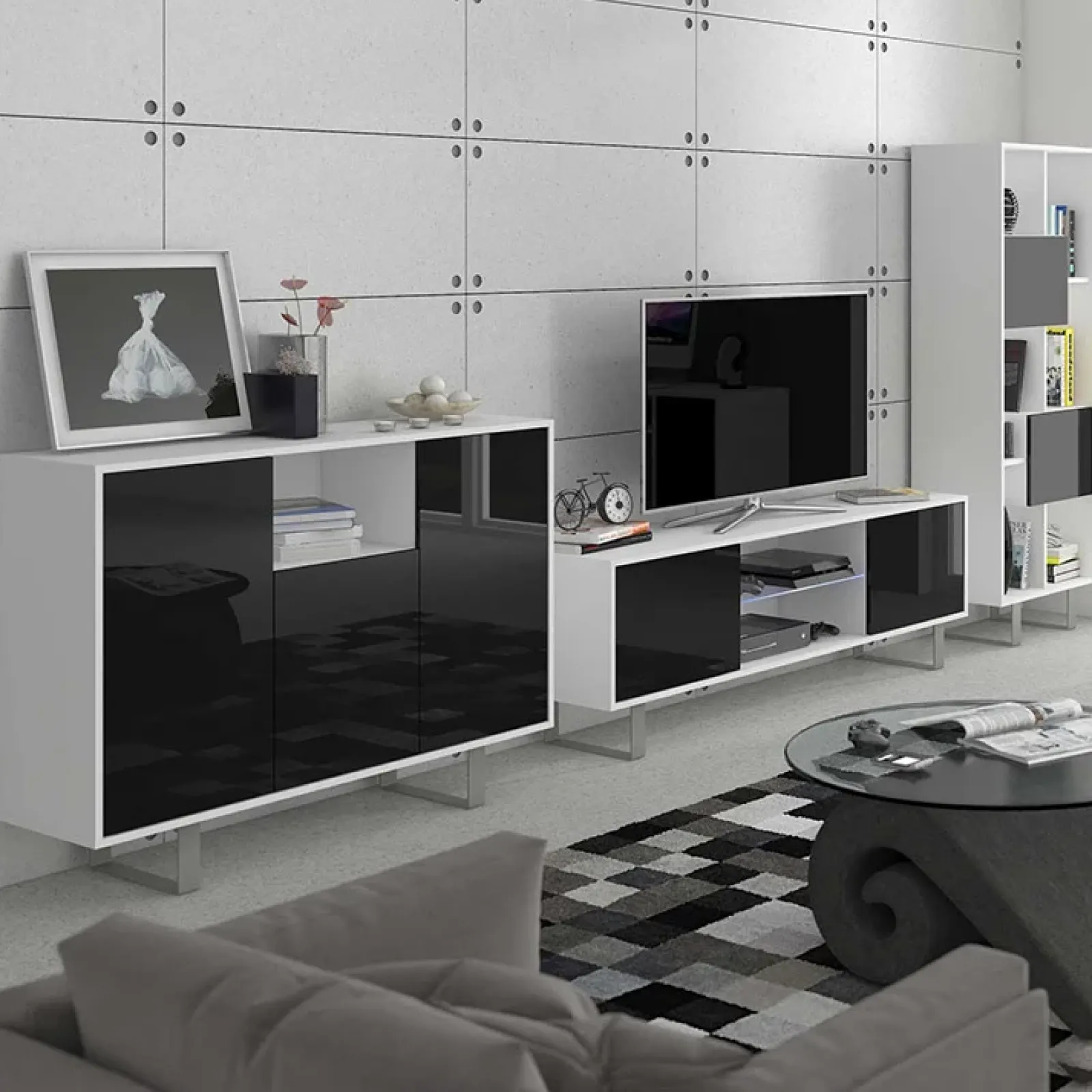 Garnero Arredamenti Mobile Tv Basso|Mobili Tv Moderni-Mobile porta TV 160x53h cm moderno bianco opaco nero lucido Kelli Bianco Opaco - Nero Lucido