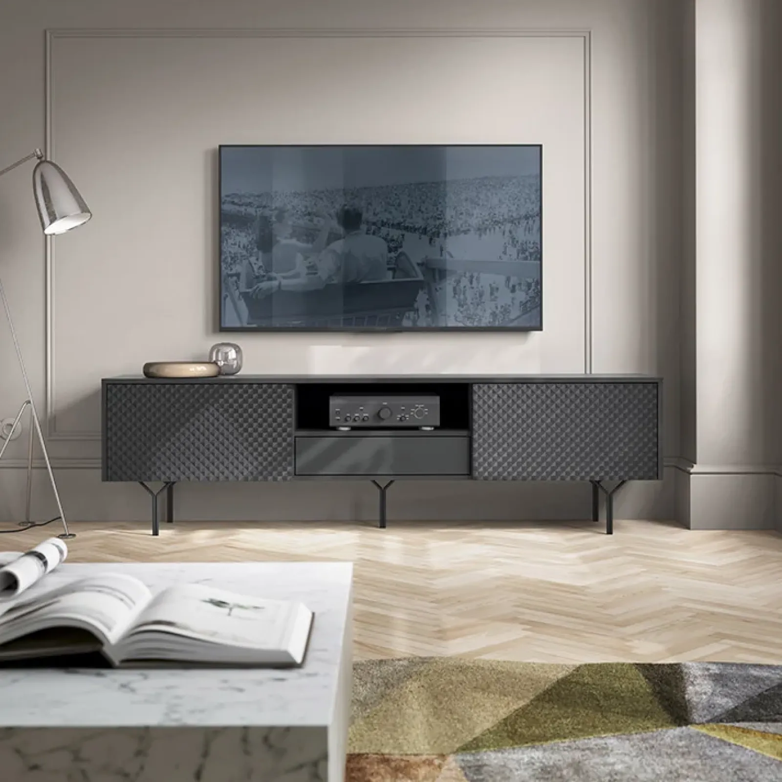 Garnero Arredamenti Mobile Tv Basso|Mobili Tv Moderni-Mobile porta TV 180x51h cm moderno antracite frassinato nero Parigi