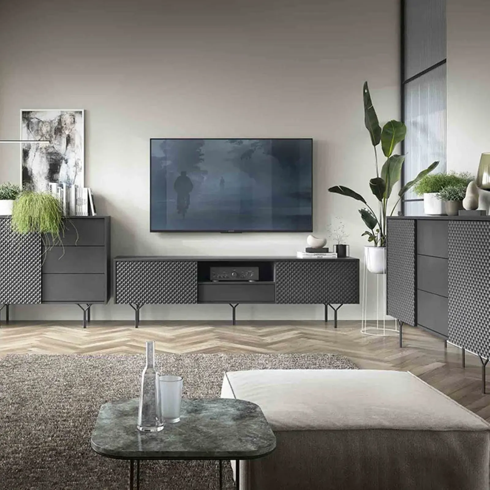 Garnero Arredamenti Mobile Tv Basso|Mobili Tv Moderni-Mobile porta TV 180x51h cm moderno antracite frassinato nero Parigi