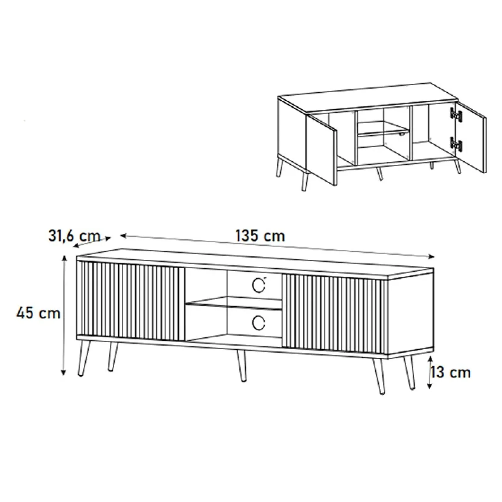 Garnero Arredamenti Mobile Tv Basso|Mobili Tv Moderni-Mobile porta TV 135x45h cm moderno 2 ante nero cannettato Celestia Nero Opaco