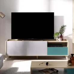 Garnero Arredamenti Mobile Tv In Legno|Mobile Tv Basso-Mobile porta TV 155x47h cm moderno rovere grigio bianco petrolio Dominic