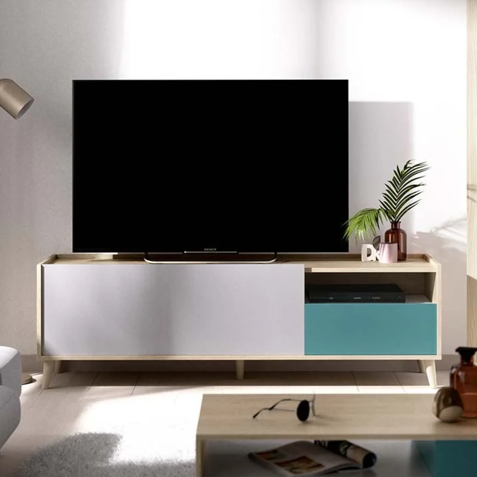 Garnero Arredamenti Mobile Tv In Legno|Mobile Tv Basso-Mobile porta TV 155x47h cm moderno rovere grigio bianco petrolio Dominic