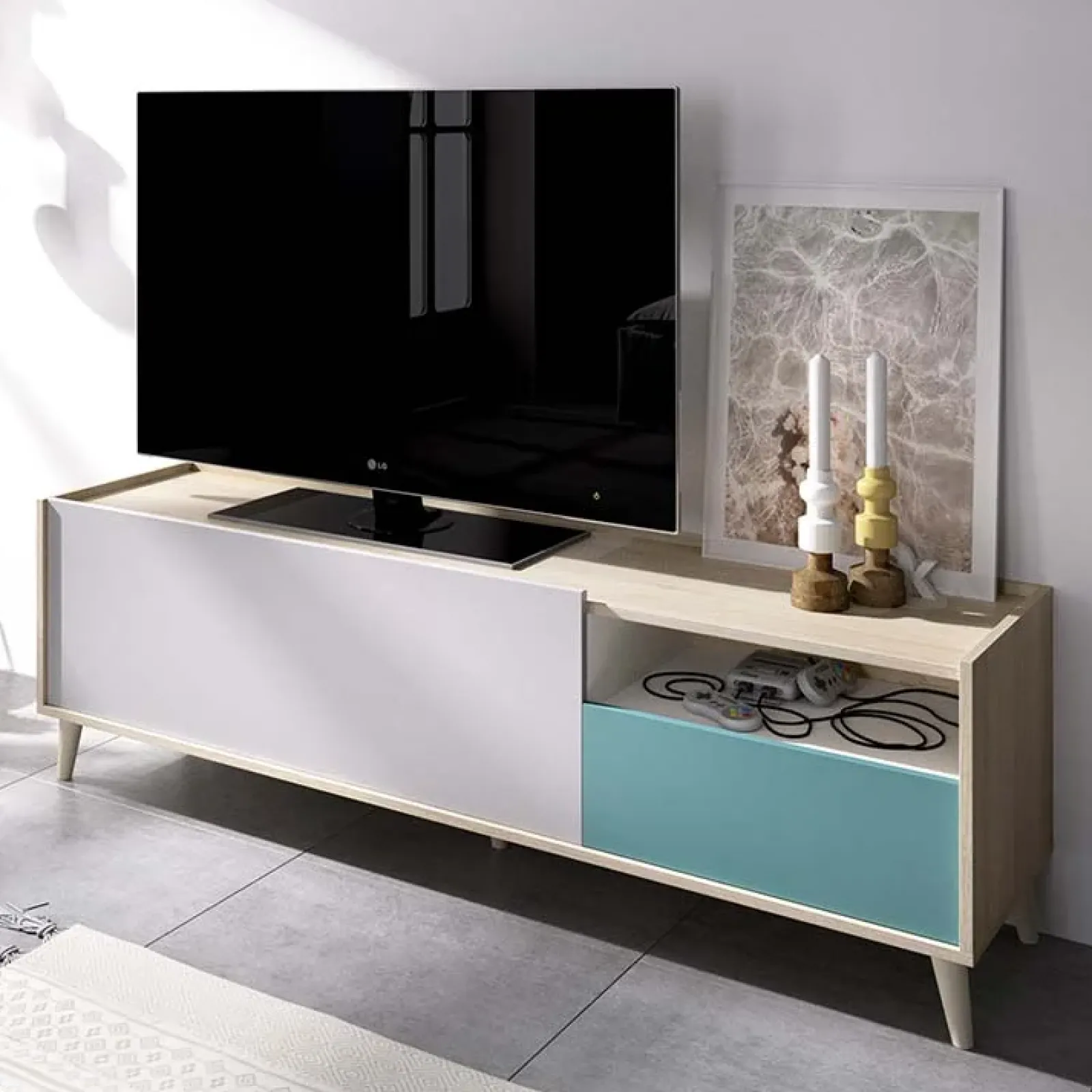 Garnero Arredamenti Mobile Tv In Legno|Mobile Tv Basso-Mobile porta TV 155x47h cm moderno rovere grigio bianco petrolio Dominic