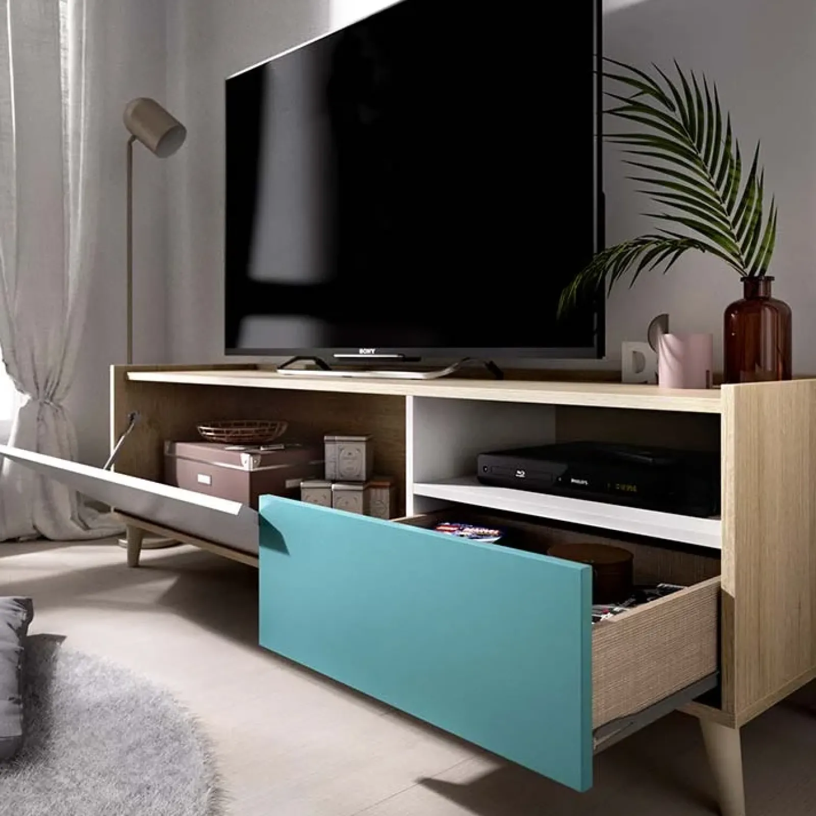 Garnero Arredamenti Mobile Tv In Legno|Mobile Tv Basso-Mobile porta TV 155x47h cm moderno rovere grigio bianco petrolio Dominic