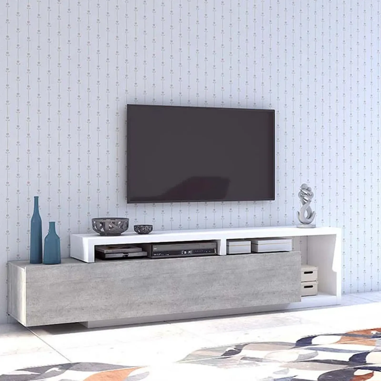 Garnero Arredamenti Mobile Tv Basso|Mobili Tv Moderni-Mobile porta TV 219x52h cm moderno soggiorno bianco cemento Megan Gihome® Cemento - Bianco opaco
