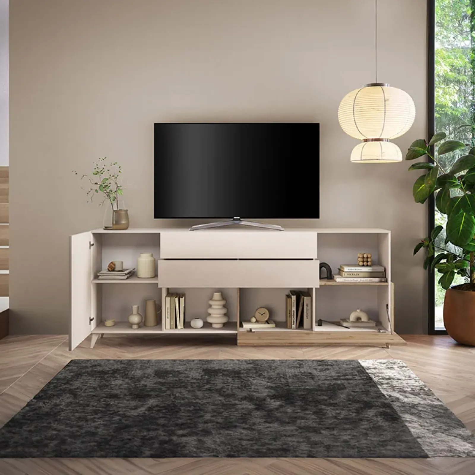 Garnero Arredamenti Credenze Moderne|Madie Moderne-Mobile porta tv 241x94h cm moderna beige rovere chiaro Witty Rovere - Beige