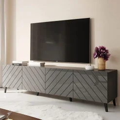 Garnero Arredamenti Mobile Tv Basso|Mobili Tv Moderni-Mobile porta TV 200x52h cm moderno con frontale decorato lucido Placida Grigio