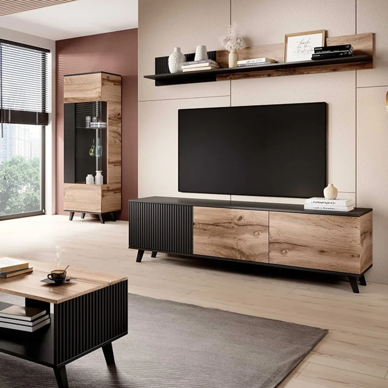 Garnero Arredamenti Mobile Tv Basso|Mobili Tv Moderni-Mobile porta TV 180x52h cm moderno industrial rovere nero Nandina