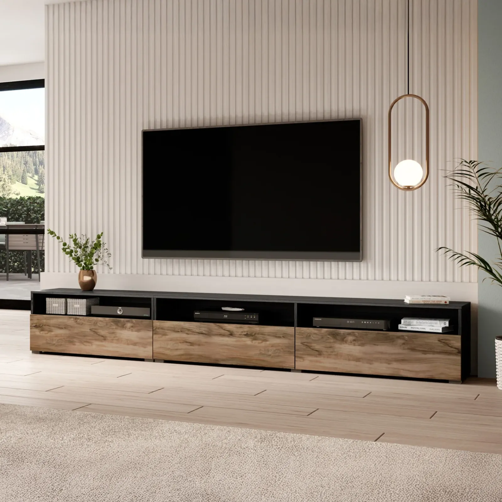 Garnero Arredamenti Mobili Tv Moderni|Mobile Tv Moderno-Mobile porta TV 270x42h cm moderno noce antico nero frassinato Emotion Gihome® Nero Frassinato - Noce