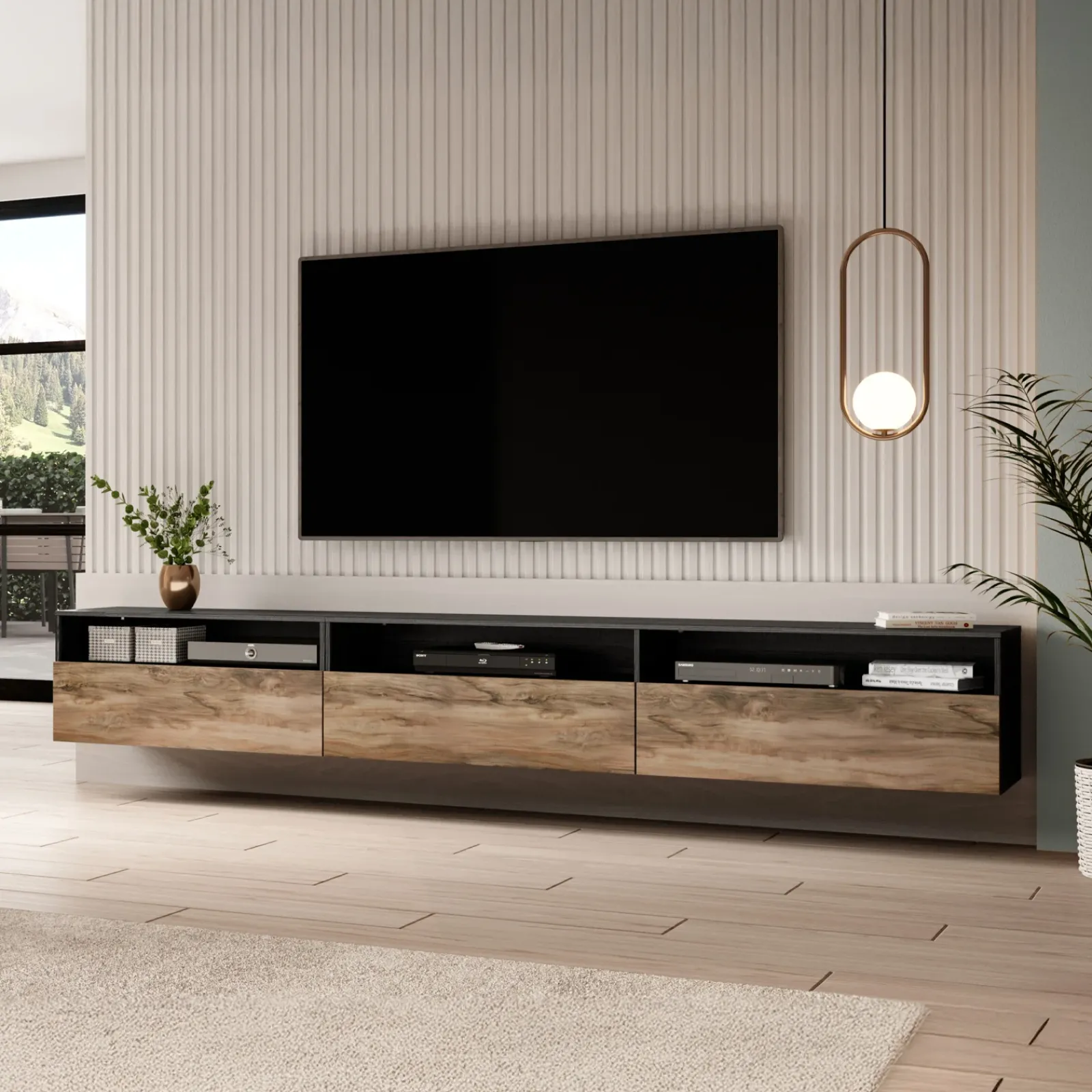 Garnero Arredamenti Mobili Tv Moderni|Mobile Tv Moderno-Mobile porta TV 270x42h cm moderno noce antico nero frassinato Emotion Gihome® Nero Frassinato - Noce