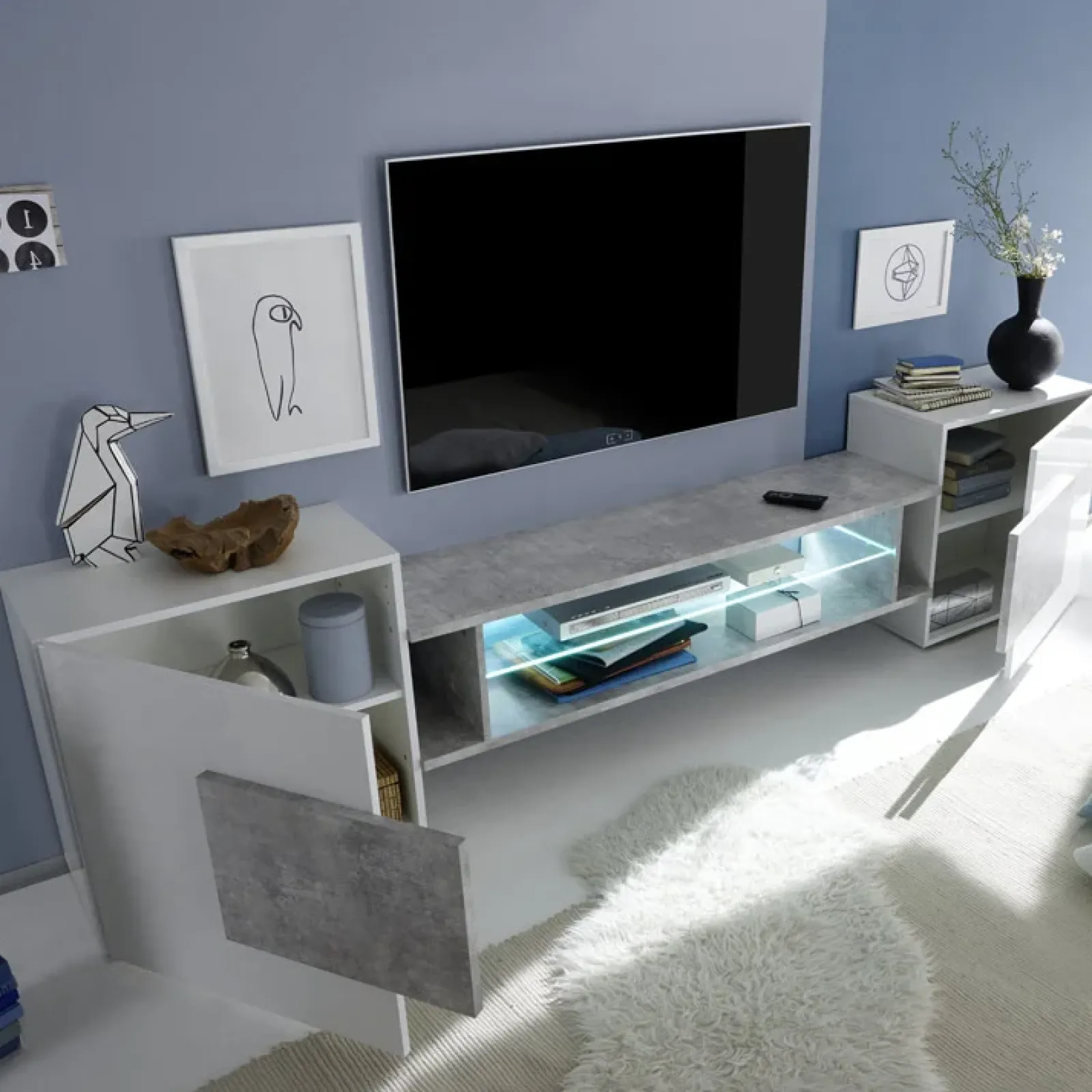 Garnero Arredamenti Mobile Tv Basso|Mobili Tv Moderni-Mobile porta TV 258x61h cm moderno laccato bianco lucido Starck Bianco Lucido - Cemento