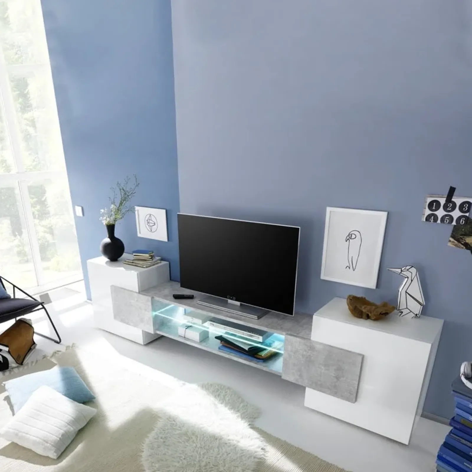 Garnero Arredamenti Mobile Tv Basso|Mobili Tv Moderni-Mobile porta TV 258x61h cm moderno laccato bianco lucido Starck Bianco Lucido - Cemento