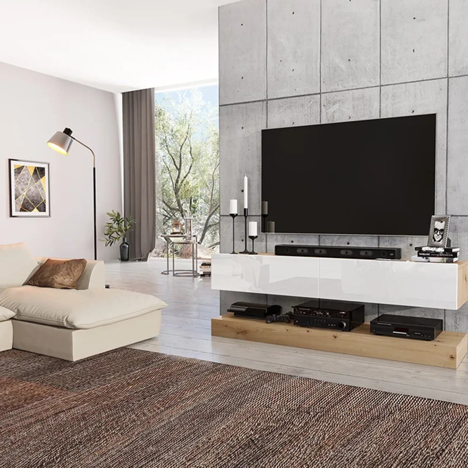 Garnero Arredamenti Mobile Tv Basso|Mobile Tv Sospeso-Mobile porta TV 138x70h cm rovere bianco lucido Bolivar