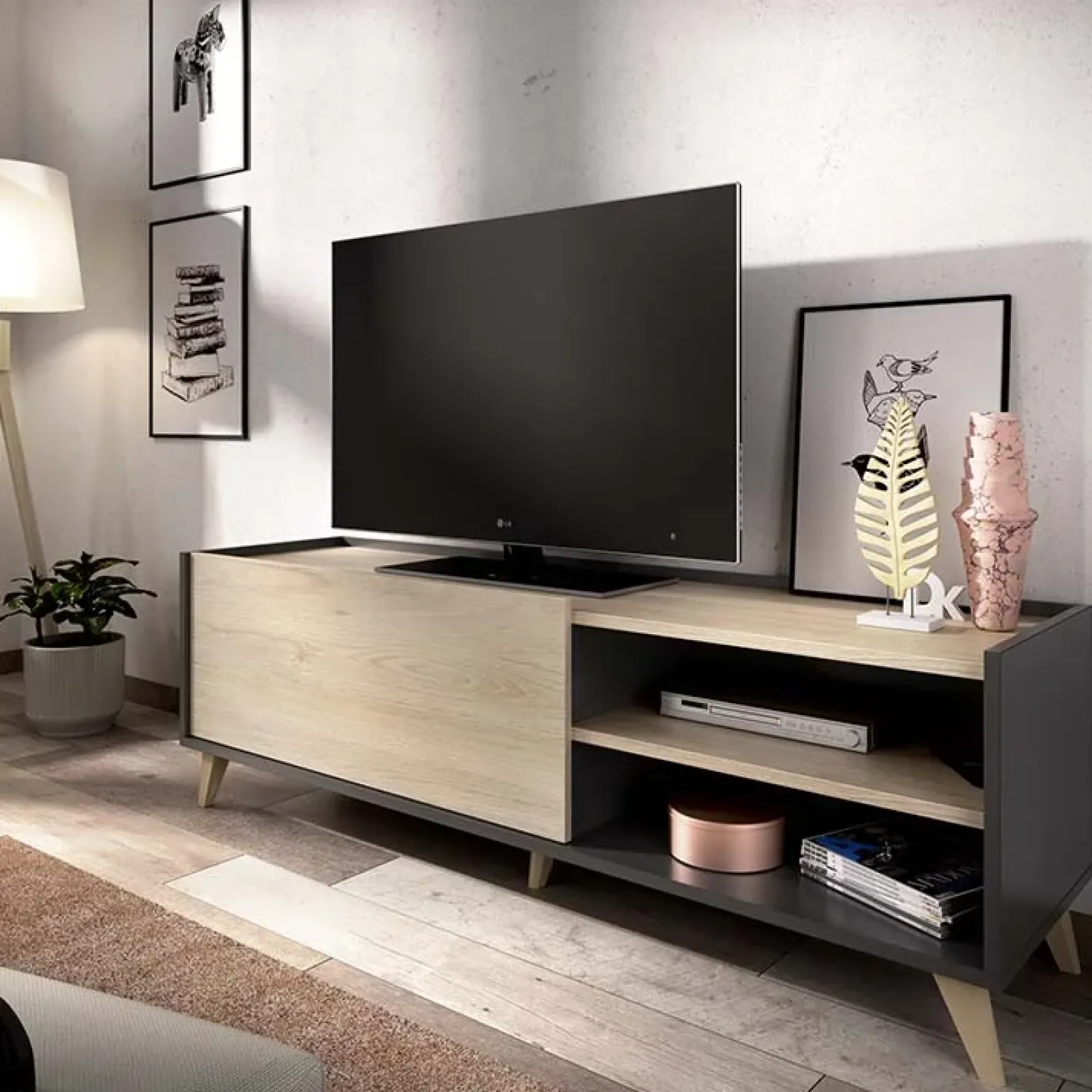 Garnero Arredamenti Mobile Tv Basso|Mobile Tv In Legno-Mobile porta TV 155x47h cm soggiorno rovere grafite Elmer Rovere - Grafite