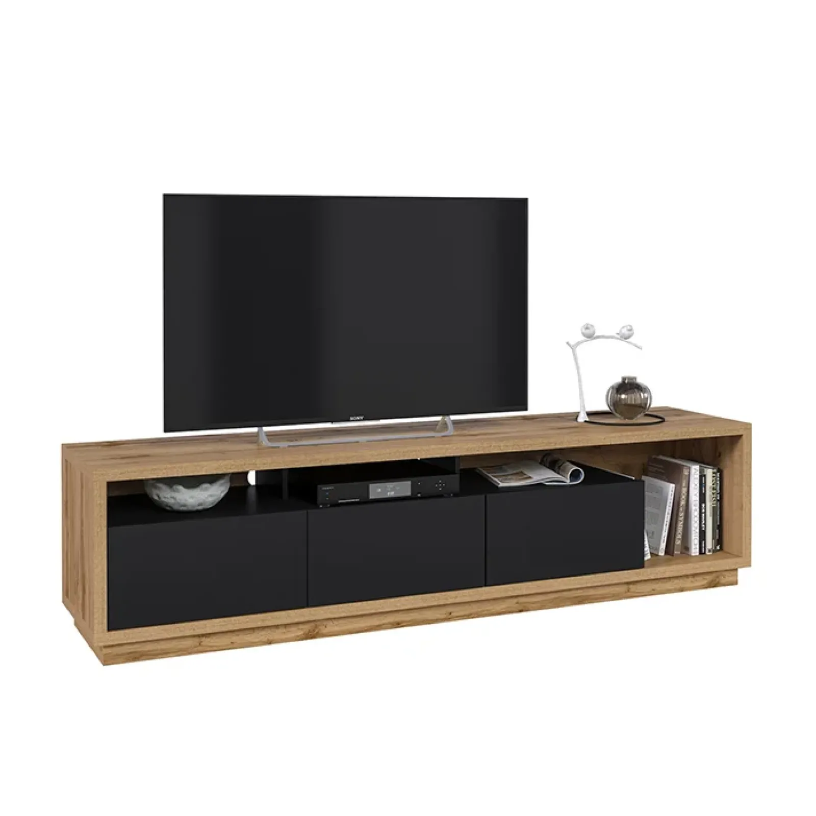 Garnero Arredamenti Mobile Tv Basso|Mobili Tv Moderni-Mobile porta TV 200x50h cm soggiorno rovere nero Favorita Rovere - Nero opaco
