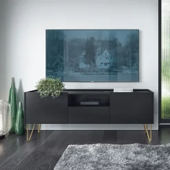 Garnero Arredamenti Mobile Tv Basso-Mobile porta TV 144x55h cm soggiorno nero effetto marmo Sirena