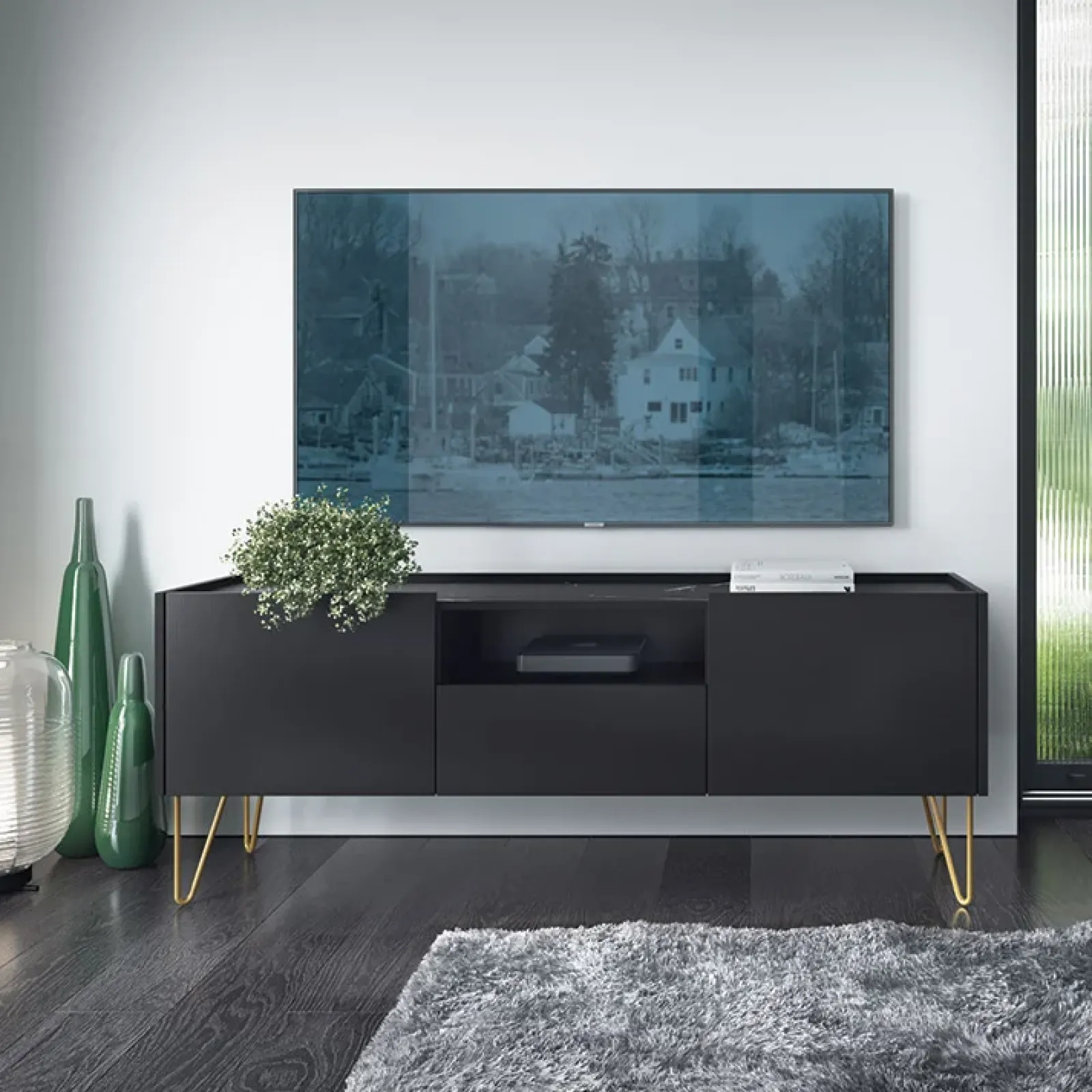 Garnero Arredamenti Mobile Tv Basso-Mobile porta TV 144x55h cm soggiorno nero effetto marmo Sirena
