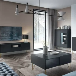 Garnero Arredamenti Mobile Tv Basso-Mobile porta TV 144x55h cm soggiorno nero effetto marmo Sirena