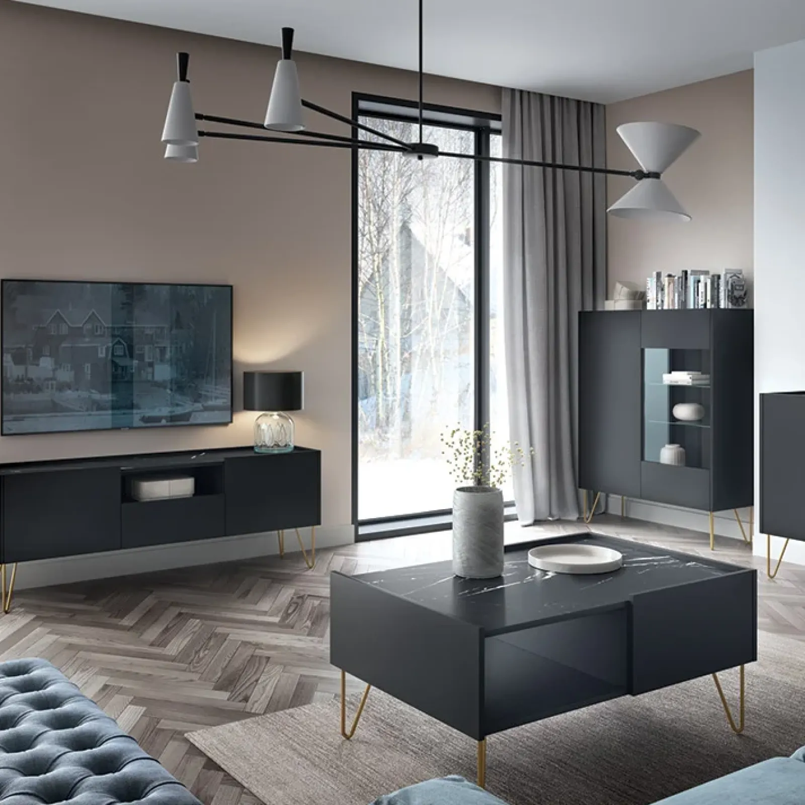 Garnero Arredamenti Mobile Tv Basso-Mobile porta TV 144x55h cm soggiorno nero effetto marmo Sirena