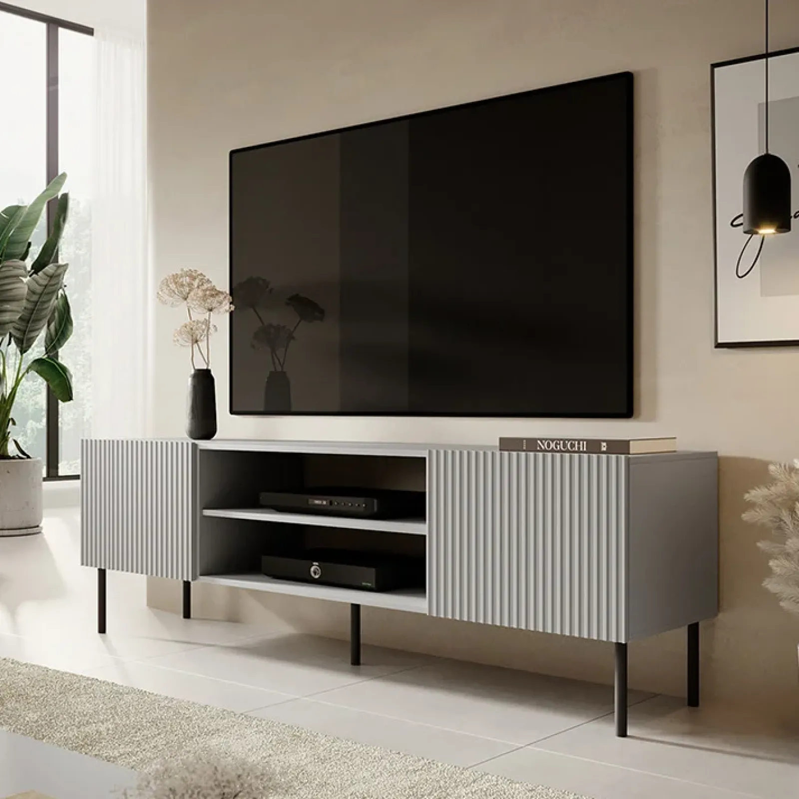 Garnero Arredamenti Mobile Tv Basso|Mobili Tv Moderni-Mobile porta TV 180x57h cm soggiorno grigio chiaro nero Cadice