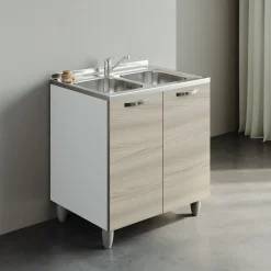 Garnero Arredamenti Mobili Sottolavello|Mobili Sottolavello-Mobile sottolavello cucina 80x86h cm multiuso con lavello 2 vasche acciaio inox bianco frassinato Talise Rovere Olmo