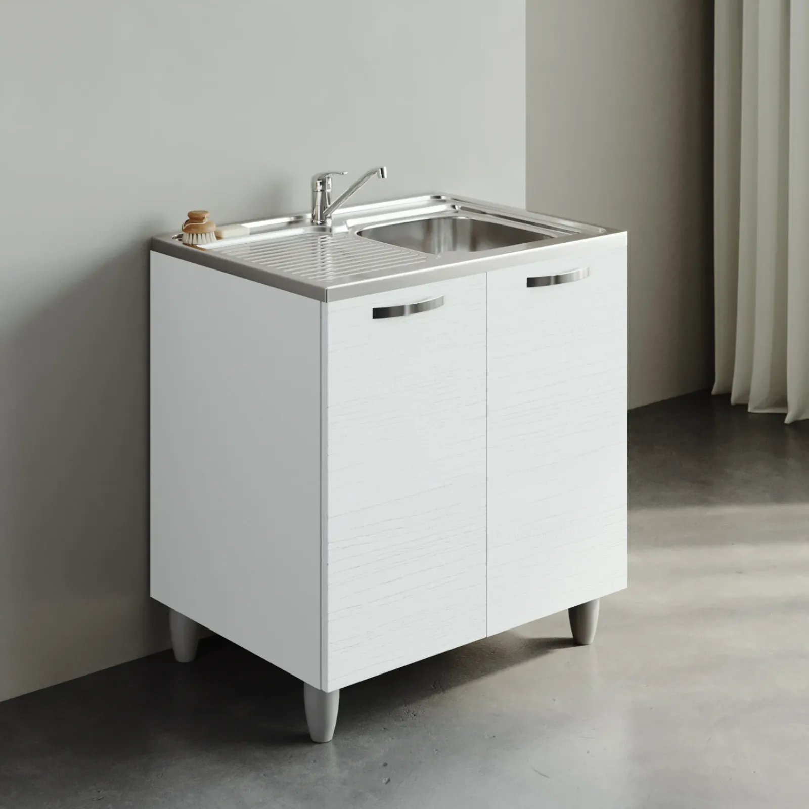 Garnero Arredamenti Mobili Sottolavello|Mobili Sottolavello-Mobile sottolavello cucina 80x86h cm multiuso con lavello 1 vasca destra acciaio inox Talise Bianco Frassinato