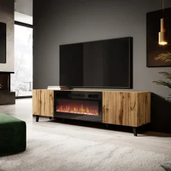 Garnero Arredamenti Camino Elettrico|Mobile Tv In Legno-Mobile TV con camino 181x50h cm moderno cannettato Essence Quercia