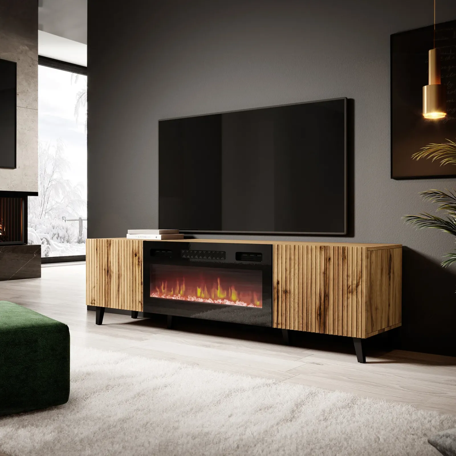 Garnero Arredamenti Camino Elettrico|Mobile Tv In Legno-Mobile TV con camino 181x50h cm moderno cannettato Essence Quercia