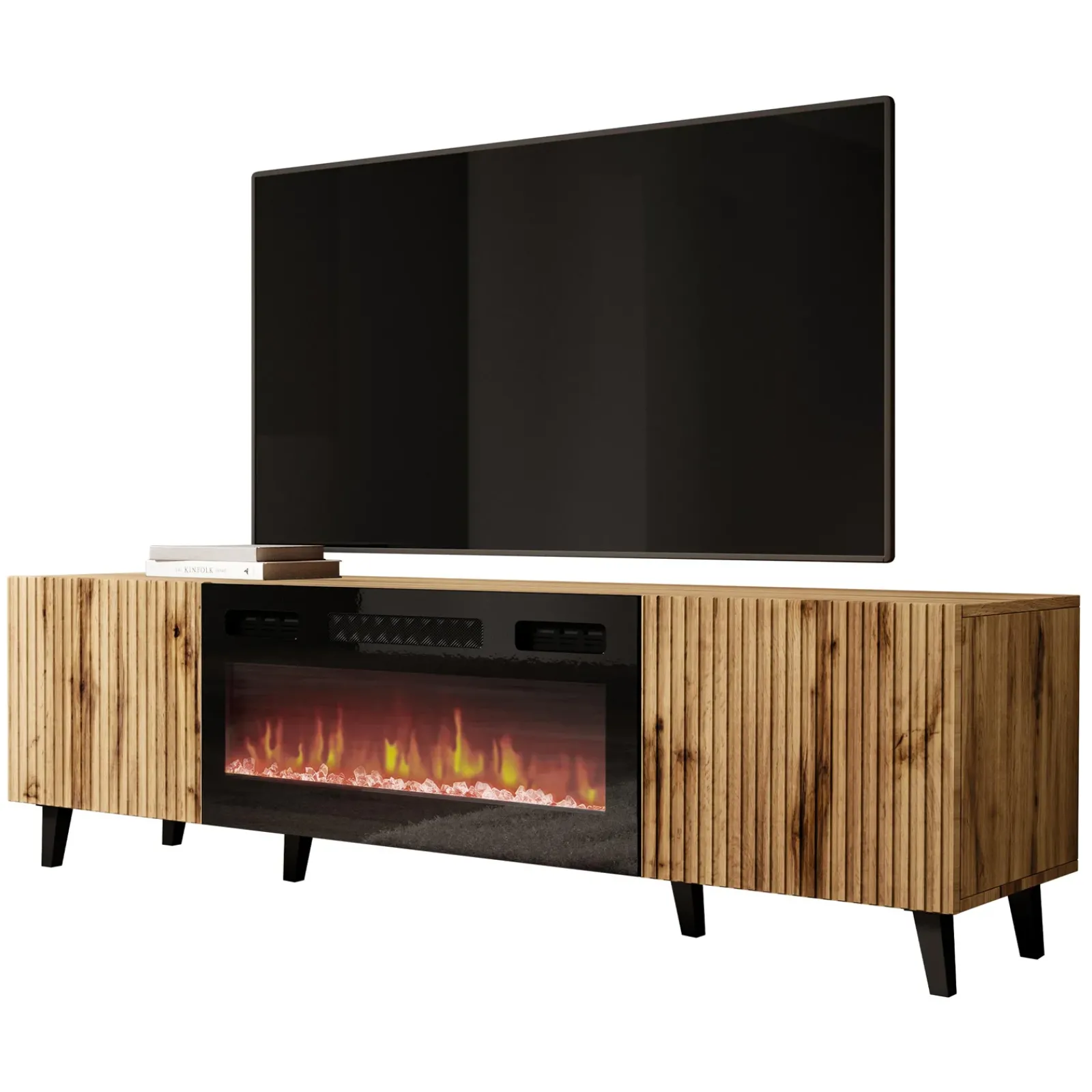 Garnero Arredamenti Camino Elettrico|Mobile Tv In Legno-Mobile TV con camino 181x50h cm moderno cannettato Essence Quercia