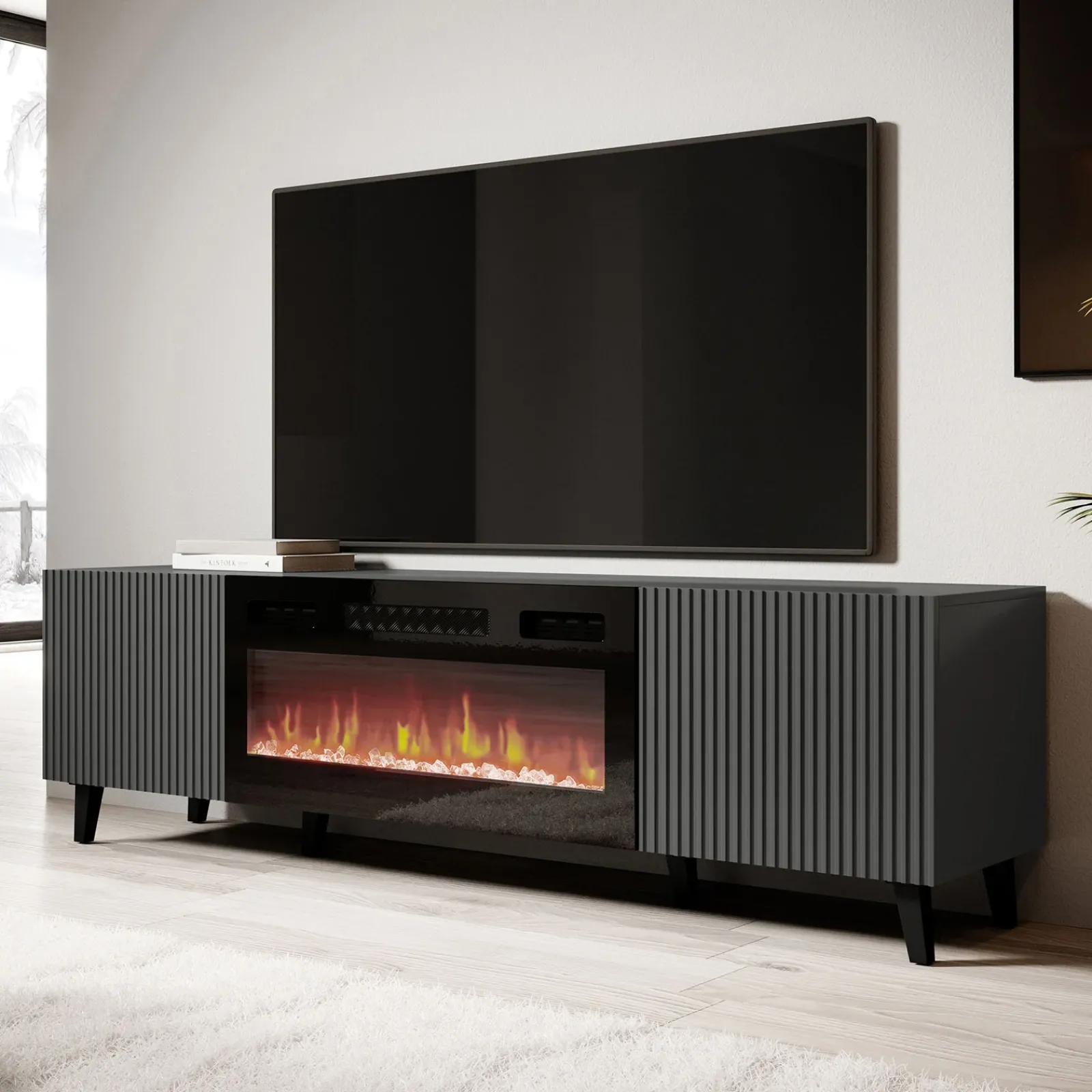 Garnero Arredamenti Camino Elettrico|Mobile Tv Basso-Mobile TV con camino 181x50h cm moderno cannettato Essence Antracite