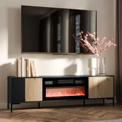 Garnero Arredamenti Camino Elettrico|Mobile Tv Basso-Mobile TV con camino 180x54h cm rovere nero Duble