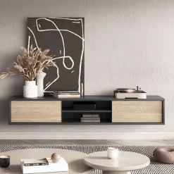 Garnero Arredamenti Mobile Tv In Legno|Mobile Tv Basso-Mobile TV soggiorno sospeso 180x32h cm 2 ante a ribalta 2 vani  rovere grigio Glem Rovere - Antracite