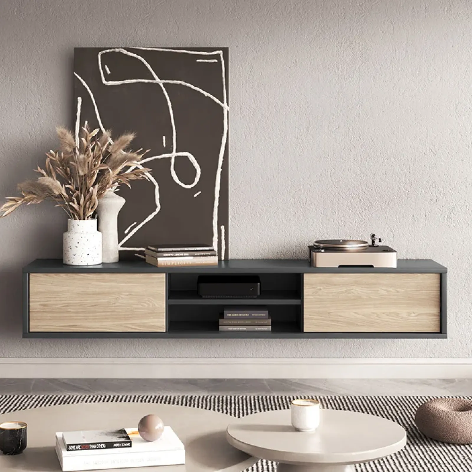 Garnero Arredamenti Mobile Tv In Legno|Mobile Tv Basso-Mobile TV soggiorno sospeso 180x32h cm 2 ante a ribalta 2 vani rovere grigio Glem Rovere - Antracite