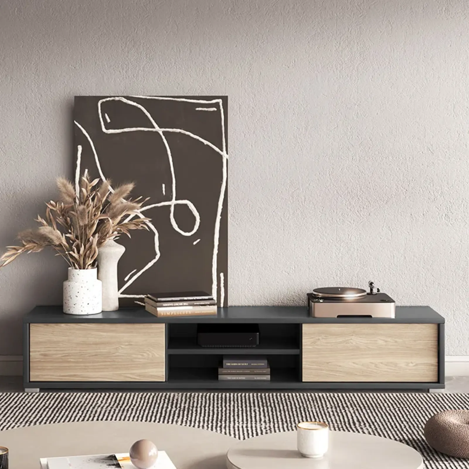 Garnero Arredamenti Mobile Tv In Legno|Mobile Tv Basso-Mobile TV soggiorno sospeso 180x32h cm 2 ante a ribalta 2 vani rovere grigio Glem Rovere - Antracite