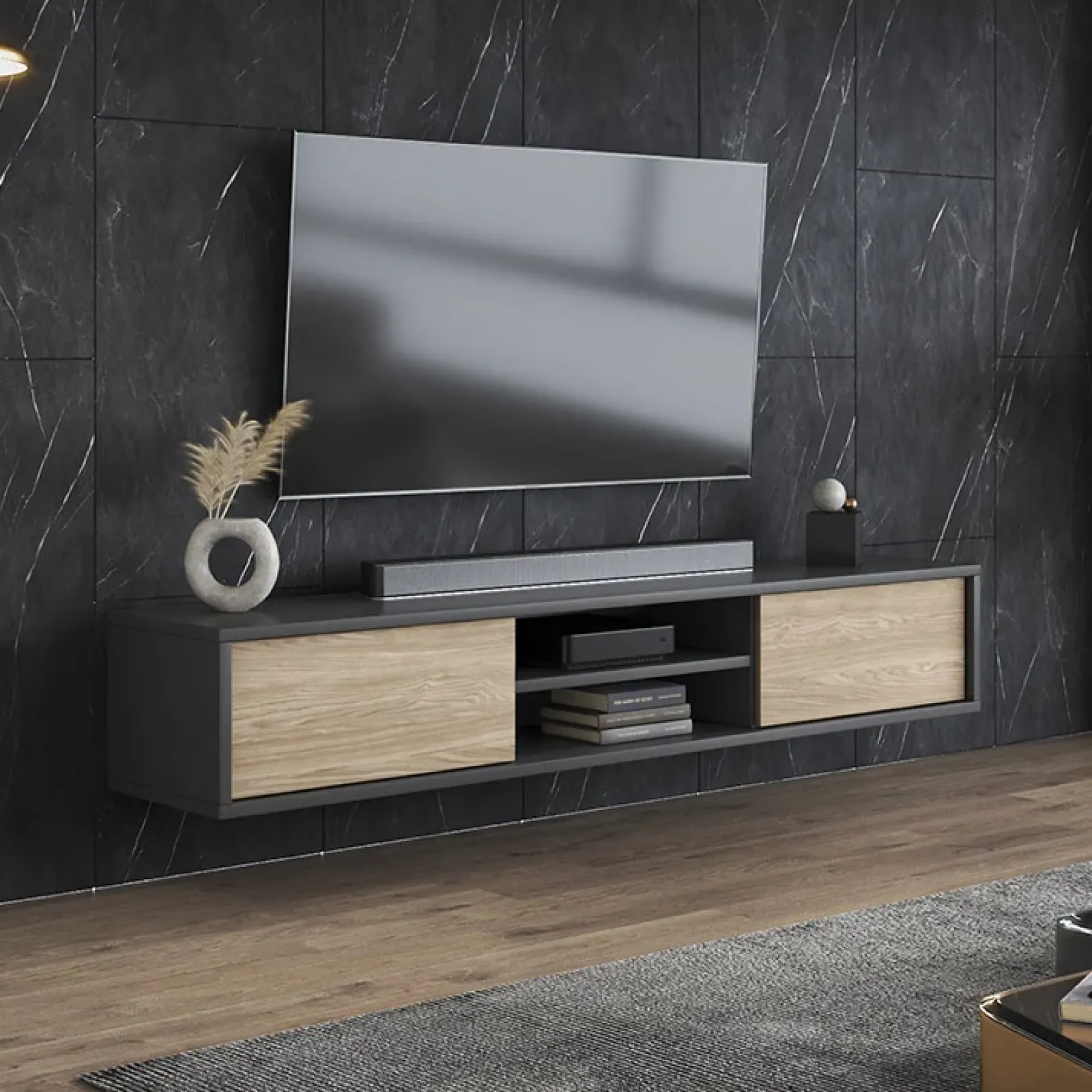 Garnero Arredamenti Mobile Tv In Legno|Mobile Tv Basso-Mobile TV soggiorno sospeso 180x32h cm 2 ante a ribalta 2 vani rovere grigio Glem Rovere - Antracite