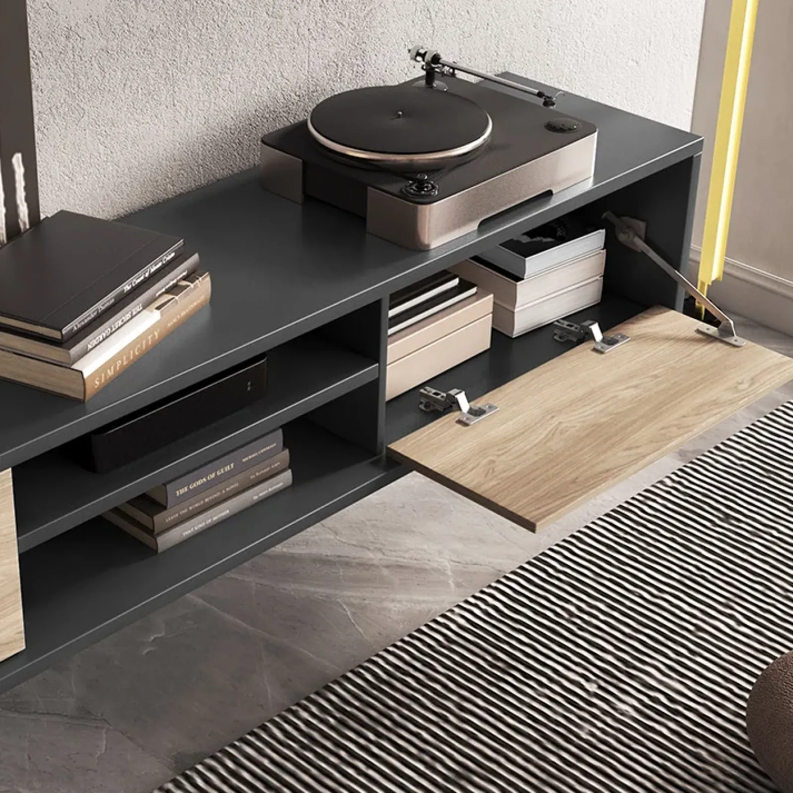 Garnero Arredamenti Mobile Tv In Legno|Mobile Tv Basso-Mobile TV soggiorno sospeso 180x32h cm 2 ante a ribalta 2 vani rovere grigio Glem Rovere - Antracite