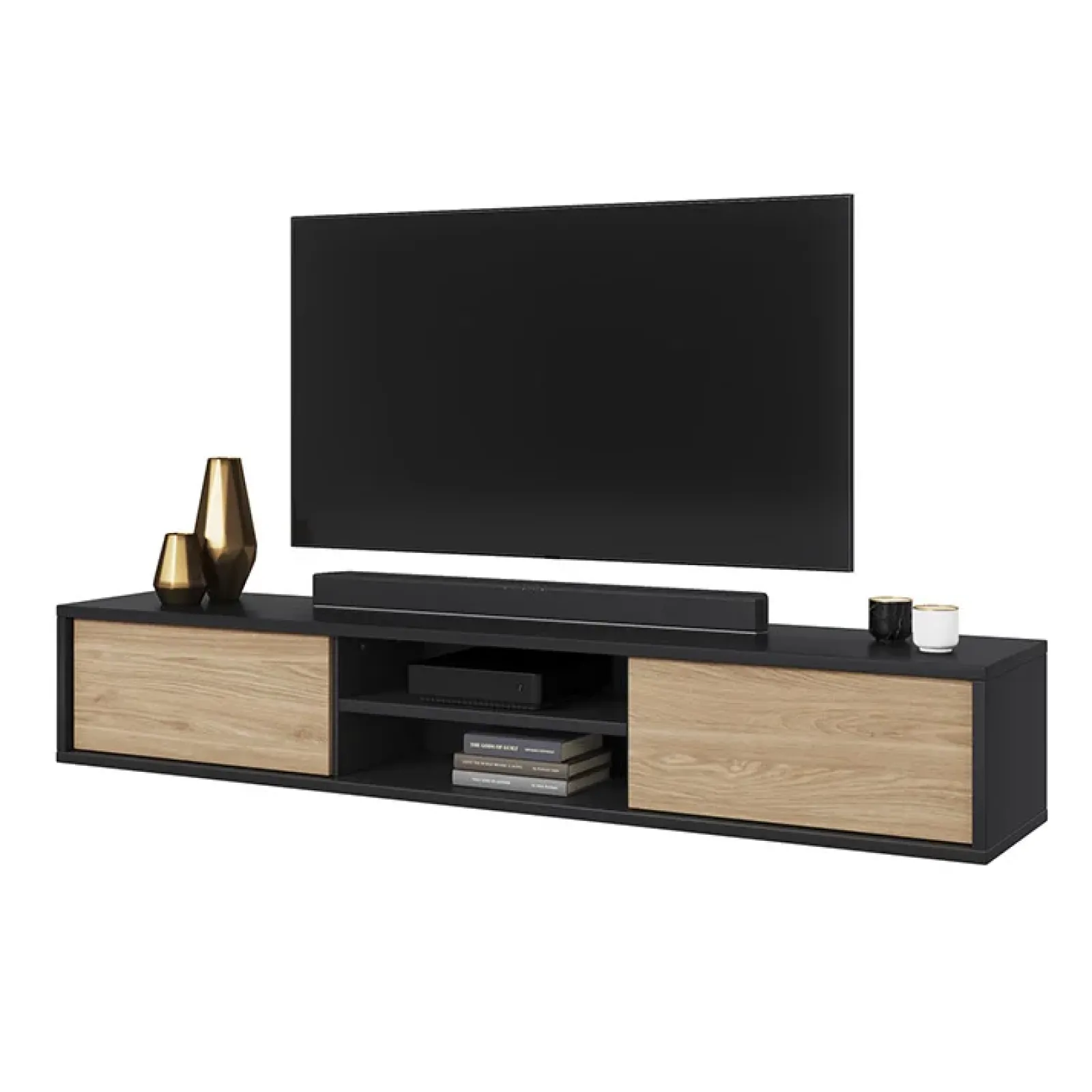 Garnero Arredamenti Mobile Tv In Legno|Mobile Tv Basso-Mobile TV soggiorno sospeso 180x32h cm 2 ante a ribalta 2 vani rovere grigio Glem Rovere - Antracite