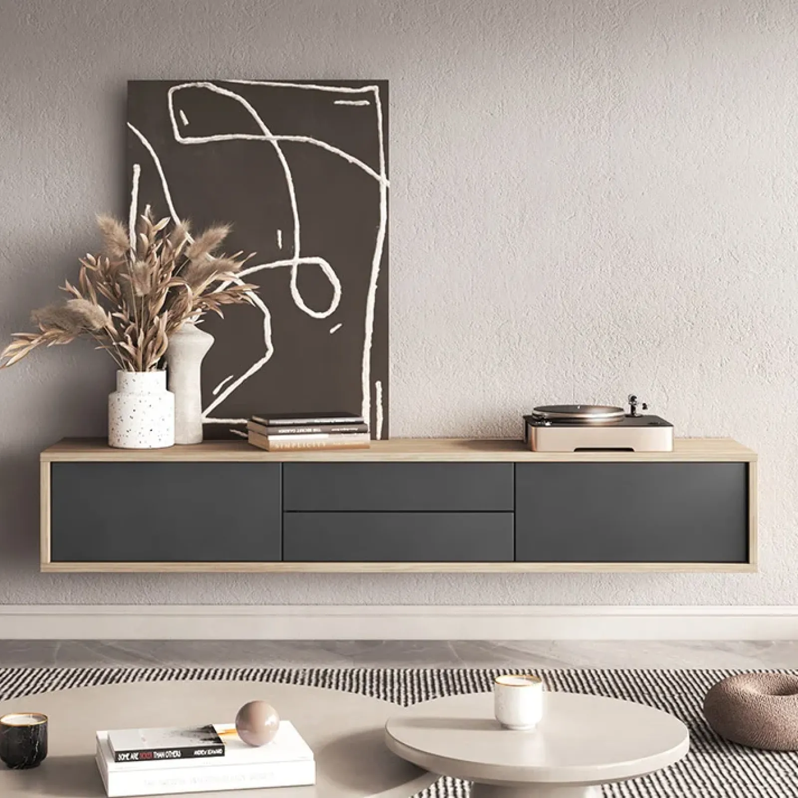 Garnero Arredamenti Mobile Tv In Legno|Mobile Tv Basso-Mobile TV soggiorno sospeso 180x32h cm 2 ante a ribalta 2 cassetti antracite rovere Glem Antracite - Rovere