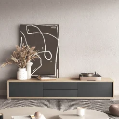Garnero Arredamenti Mobile Tv In Legno|Mobile Tv Basso-Mobile TV soggiorno sospeso 180x32h cm 2 ante a ribalta 2 cassetti  antracite rovere Glem Antracite - Rovere
