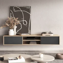 Garnero Arredamenti Mobile Tv In Legno|Mobile Tv Basso-Mobile TV soggiorno sospeso 180x32h cm 2 ante a ribalta 2 vani antracite rovere Glem Antracite - Rovere